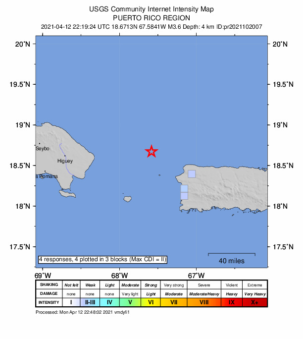USGS DYFI community-reported intensity map for the M3.6 earthquake near 50 km NW of Rincón, Puerto Rico