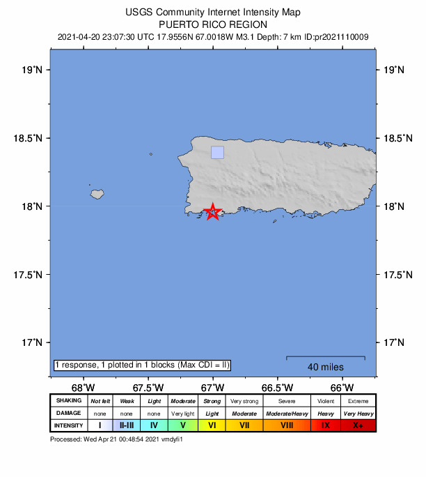 USGS DYFI community-reported intensity map for the M3.1 earthquake near 5 km ESE of La Parguera, Puerto Rico