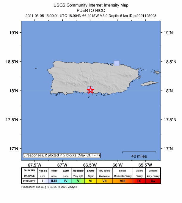 USGS DYFI community-reported intensity map for the M3.0 earthquake near 1 km NNE of Potala Pastillo, Puerto Rico
