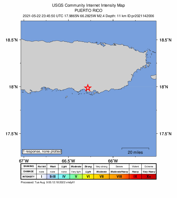 USGS DYFI community-reported intensity map for the M2.4 earthquake near 1 km ENE of Salinas, Puerto Rico