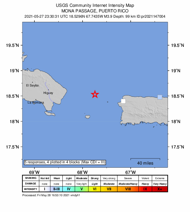 USGS DYFI community-reported intensity map for the M3.9 earthquake near 56 km WNW of Rincón, Puerto Rico