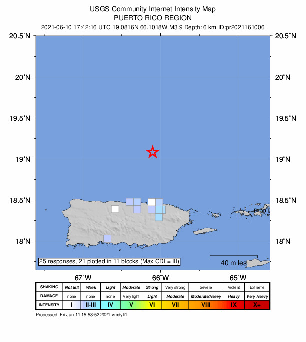 USGS DYFI community-reported intensity map for the M3.9 earthquake near 68 km N of San Juan, Puerto Rico