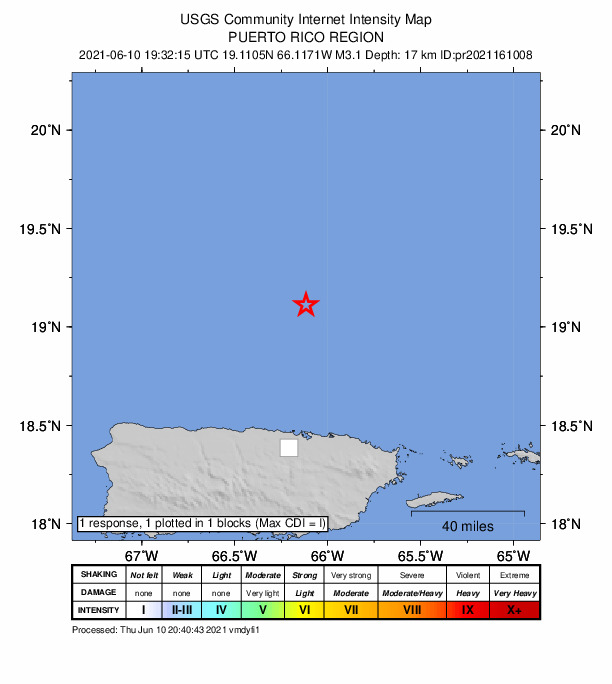 USGS DYFI community-reported intensity map for the M3.1 earthquake near 71 km N of San Juan, Puerto Rico