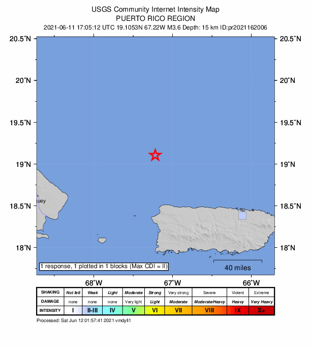 USGS DYFI community-reported intensity map for the M3.6 earthquake near 69 km N of San Antonio, Puerto Rico