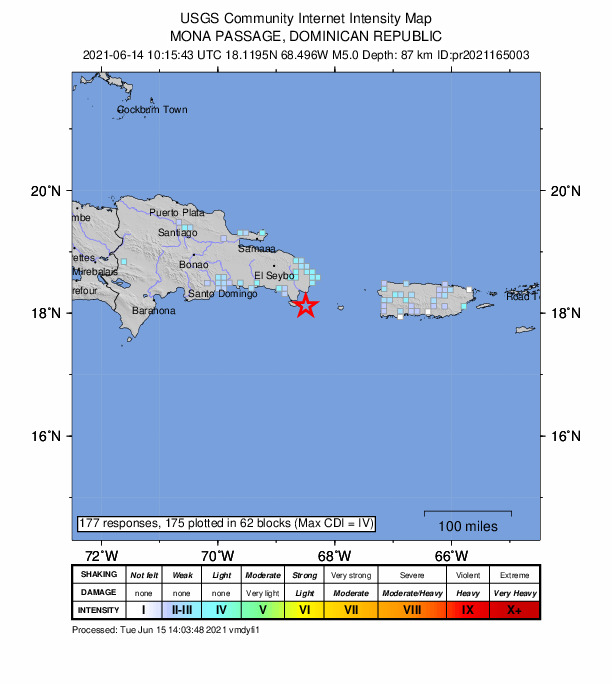 USGS DYFI community-reported intensity map for the M5.0 earthquake near 31 km SSE of Boca de Yuma, Dominican Republic