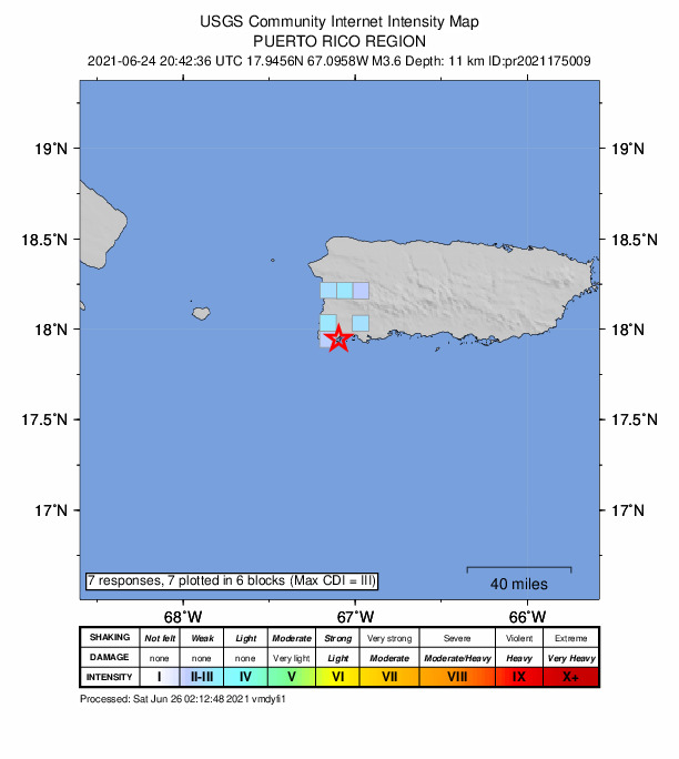 USGS DYFI community-reported intensity map for the M3.6 earthquake near Puerto Rico region