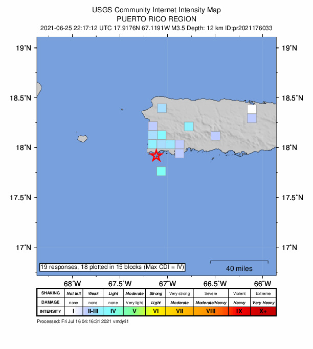 USGS DYFI community-reported intensity map for the M3.5 earthquake near 9 km SE of Pole Ojea, Puerto Rico