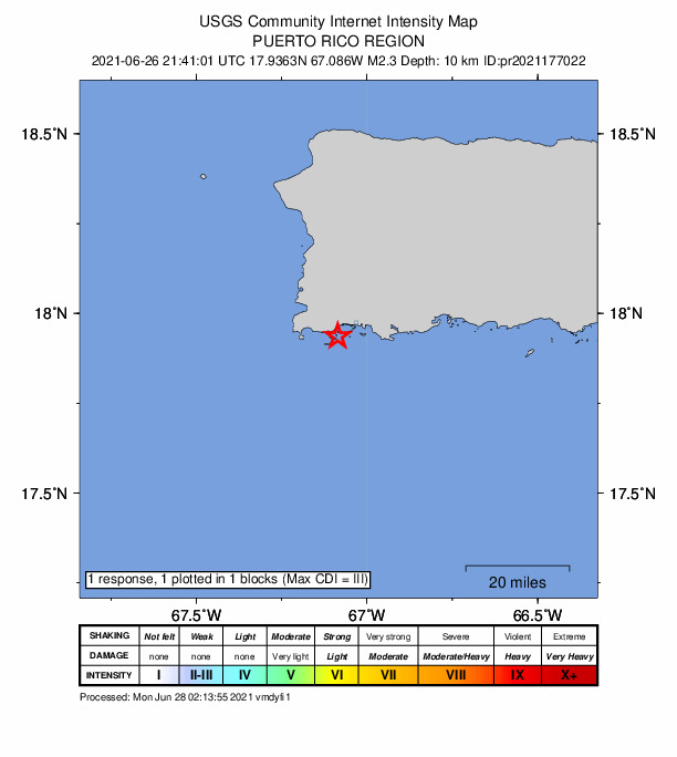 USGS DYFI community-reported intensity map for the M2.3 earthquake near 5 km SW of La Parguera, Puerto Rico