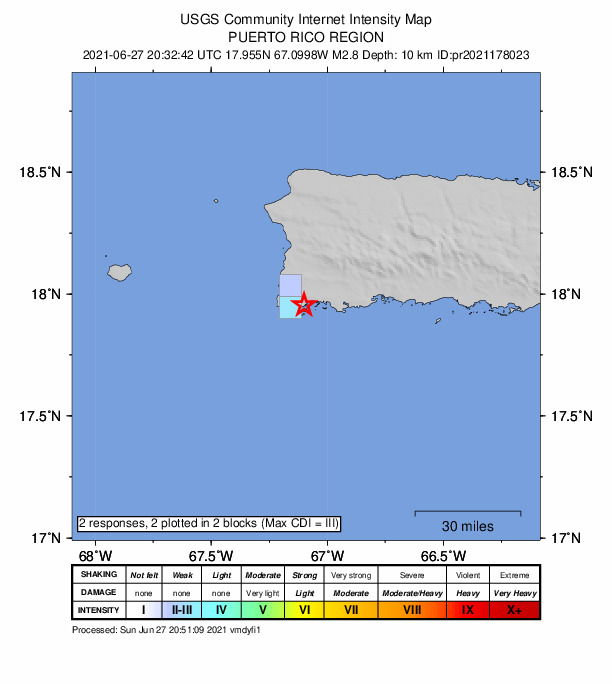 USGS DYFI community-reported intensity map for the M2.8 earthquake near 6 km WSW of La Parguera, Puerto Rico