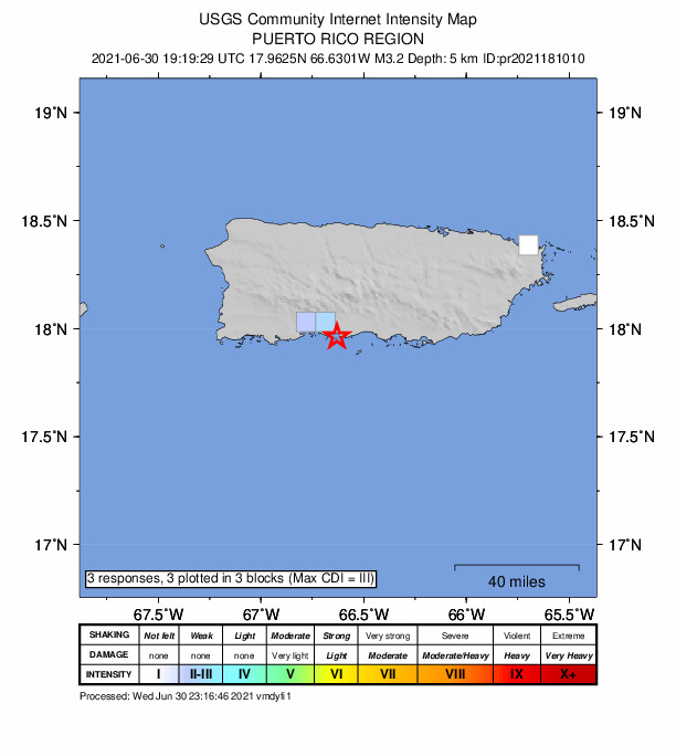 USGS DYFI community-reported intensity map for the M3.2 earthquake near 5 km S of Ponce, Puerto Rico