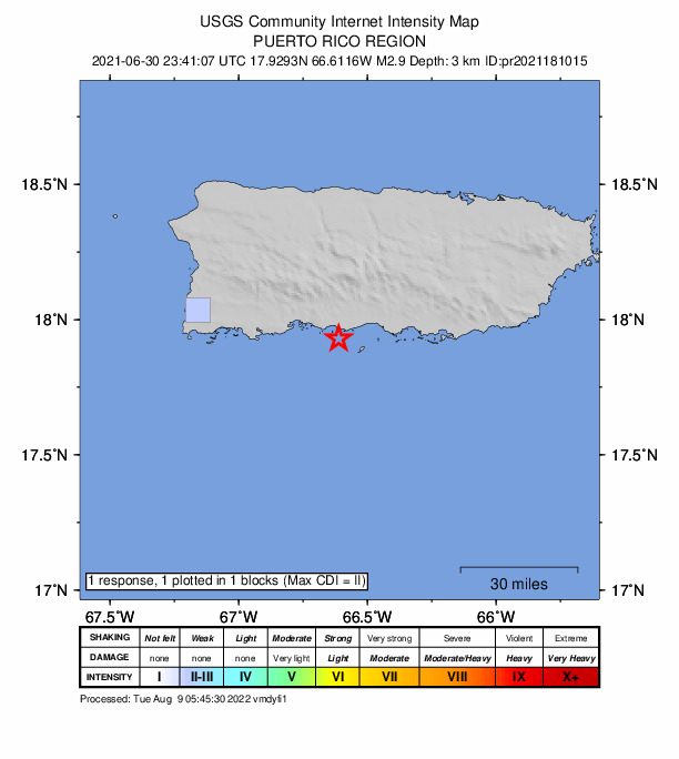 USGS DYFI community-reported intensity map for the M2.9 earthquake near 9 km S of Ponce, Puerto Rico