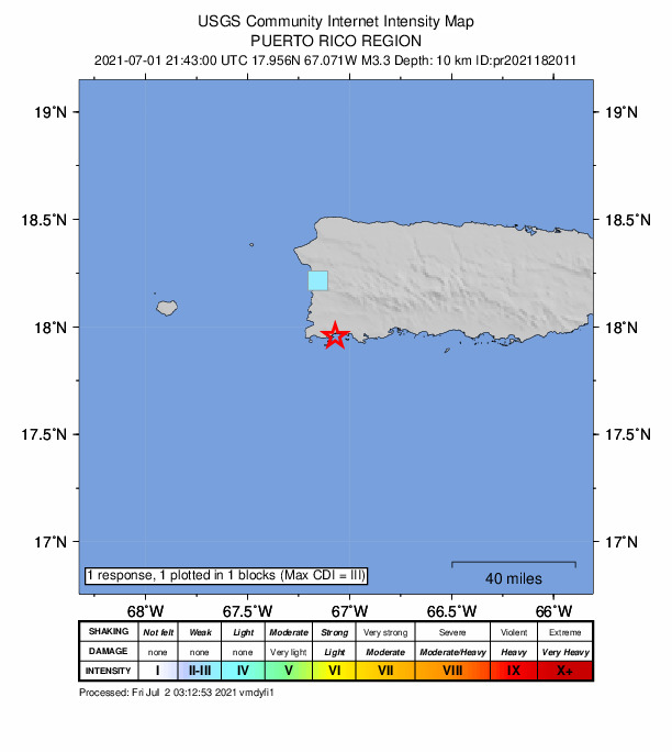 USGS DYFI community-reported intensity map for the M3.3 earthquake near 3 km SW of La Parguera, Puerto Rico
