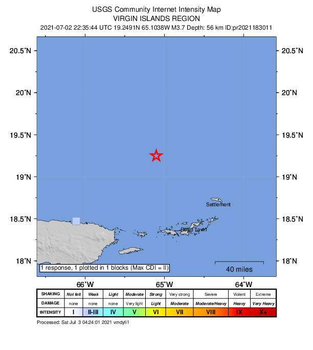 USGS DYFI community-reported intensity map for the M3.7 earthquake near 102 km N of Charlotte Amalie, U.S. Virgin Islands