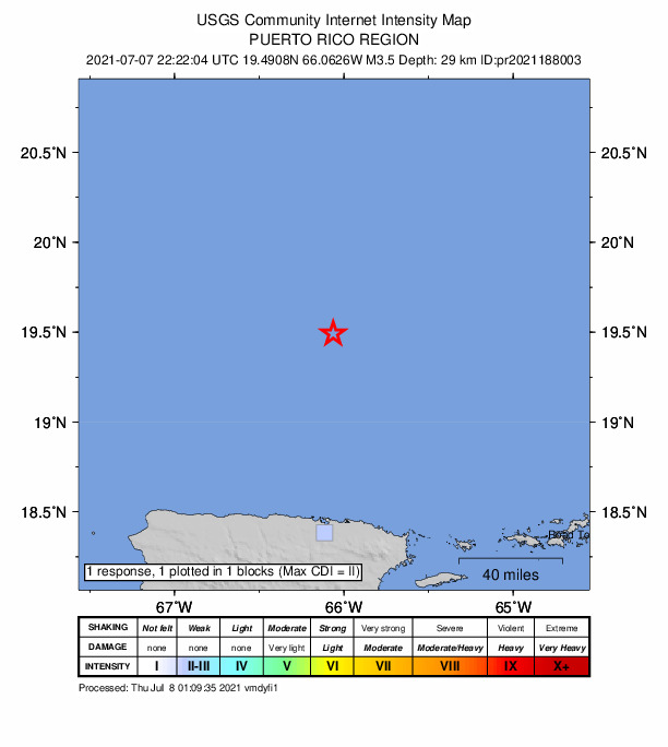 USGS DYFI community-reported intensity map for the M3.5 earthquake near 113 km N of San Juan, Puerto Rico