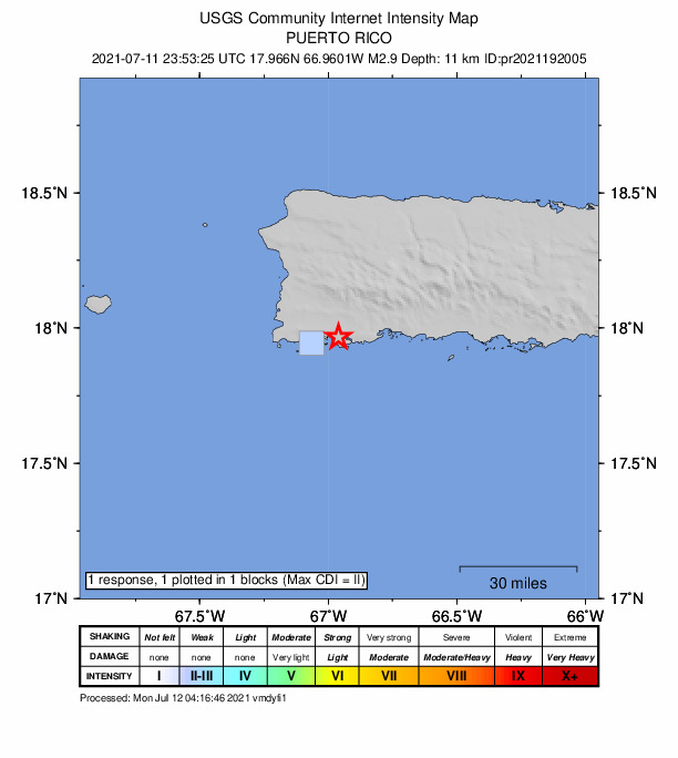 USGS DYFI community-reported intensity map for the M2.9 earthquake near 5 km WSW of Fuig, Puerto Rico