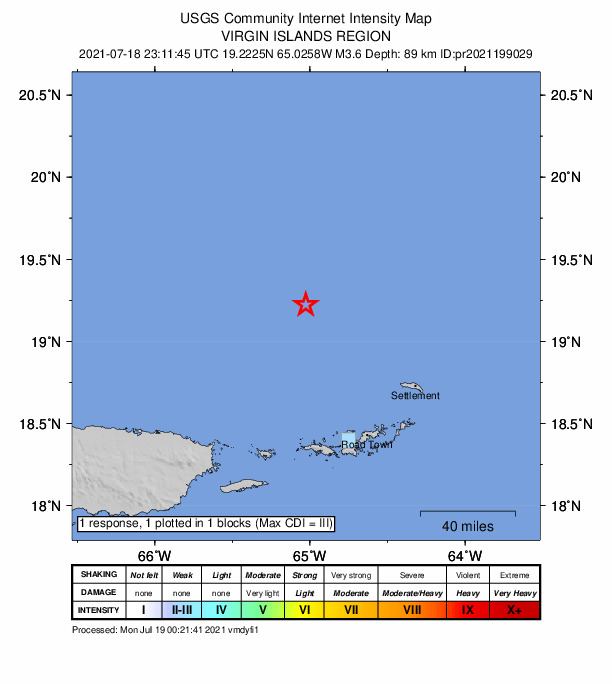 USGS DYFI community-reported intensity map for the M3.6 earthquake near 97 km N of Charlotte Amalie, U.S. Virgin Islands