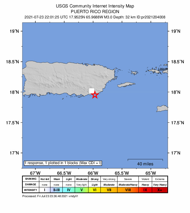 USGS DYFI community-reported intensity map for the M3.0 earthquake near 3 km SSE of Lamboglia, Puerto Rico