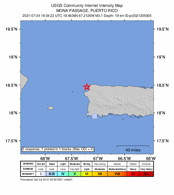 USGS DYFI community-reported intensity map for the M3.1 earthquake near 7 km WNW of Aguadilla, Puerto Rico