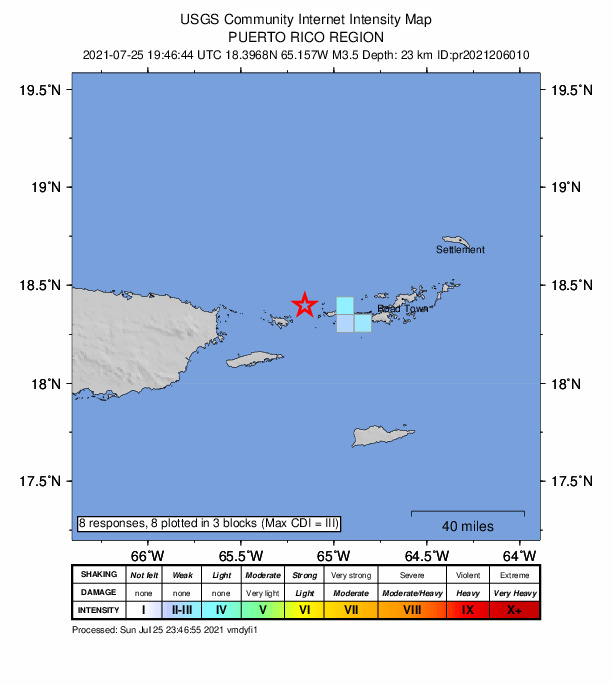 USGS DYFI community-reported intensity map for the M3.5 earthquake near 18 km NE of Culebra, Puerto Rico