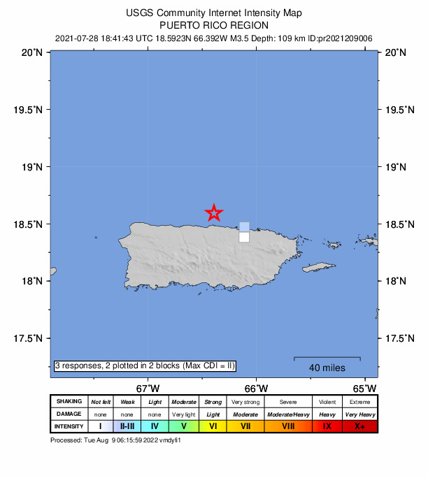 USGS DYFI community-reported intensity map for the M3.5 earthquake near 14 km NNW of Brenas, Puerto Rico