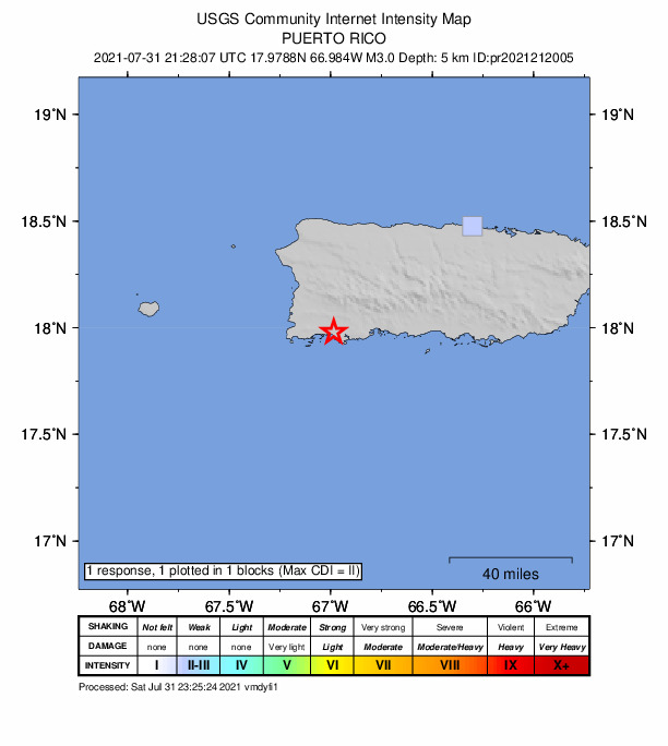 USGS DYFI community-reported intensity map for the M3.0 earthquake near 6 km E of La Parguera, Puerto Rico