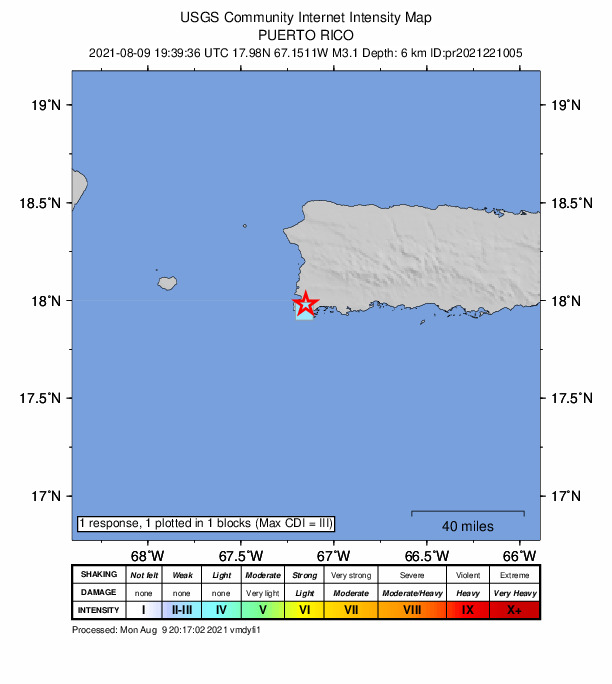 USGS DYFI community-reported intensity map for the M3.1 earthquake near 3 km E of Pole Ojea, Puerto Rico
