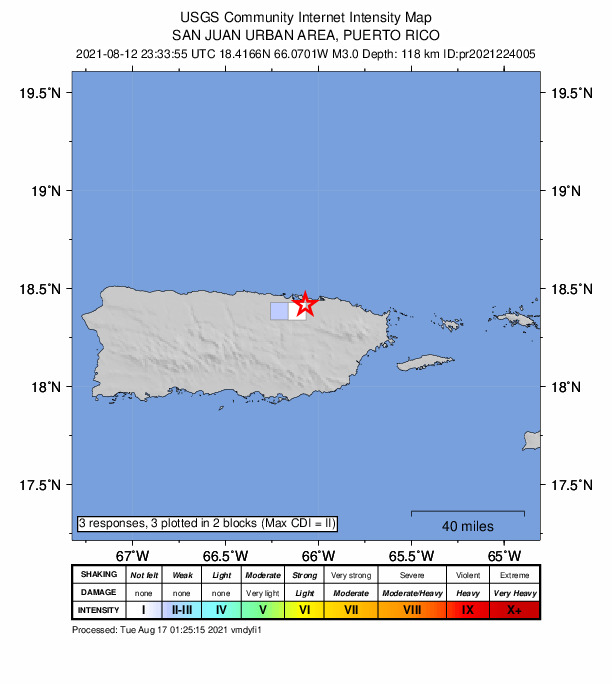 USGS DYFI community-reported intensity map for the M3.0 earthquake near 5 km ESE of Cataño, Puerto Rico