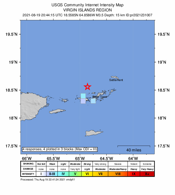 USGS DYFI community-reported intensity map for the M3.5 earthquake near 25 km NNE of Charlotte Amalie, U.S. Virgin Islands
