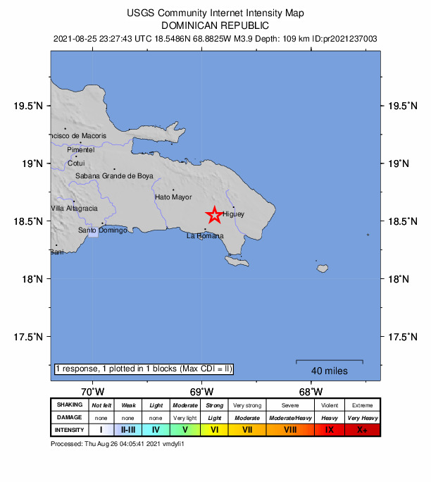 USGS DYFI community-reported intensity map for the M3.9 earthquake near 11 km ESE of Guaymate, Dominican Republic