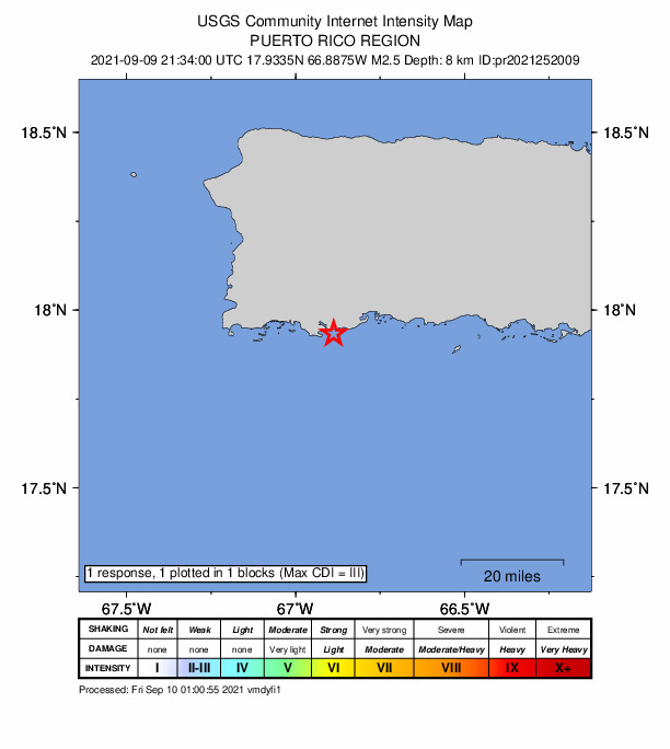 USGS DYFI community-reported intensity map for the M2.5 earthquake near 4 km SSE of Guánica, Puerto Rico