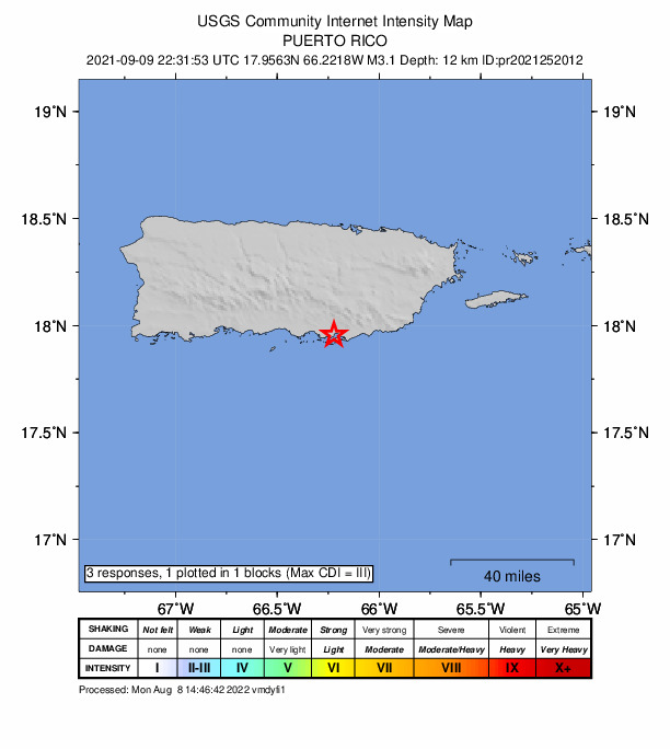 USGS DYFI community-reported intensity map for the M3.1 earthquake near 0 km NNE of Central Aguirre, Puerto Rico
