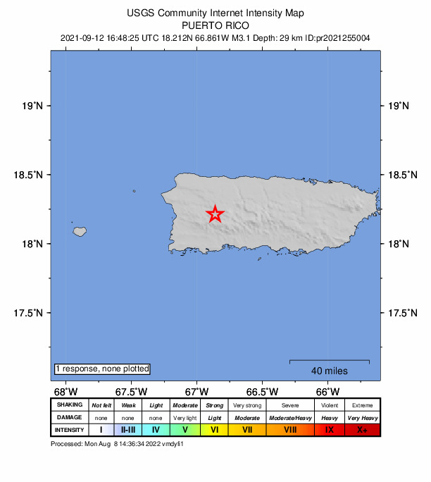 USGS DYFI community-reported intensity map for the M3.1 earthquake near 9 km S of Lares, Puerto Rico
