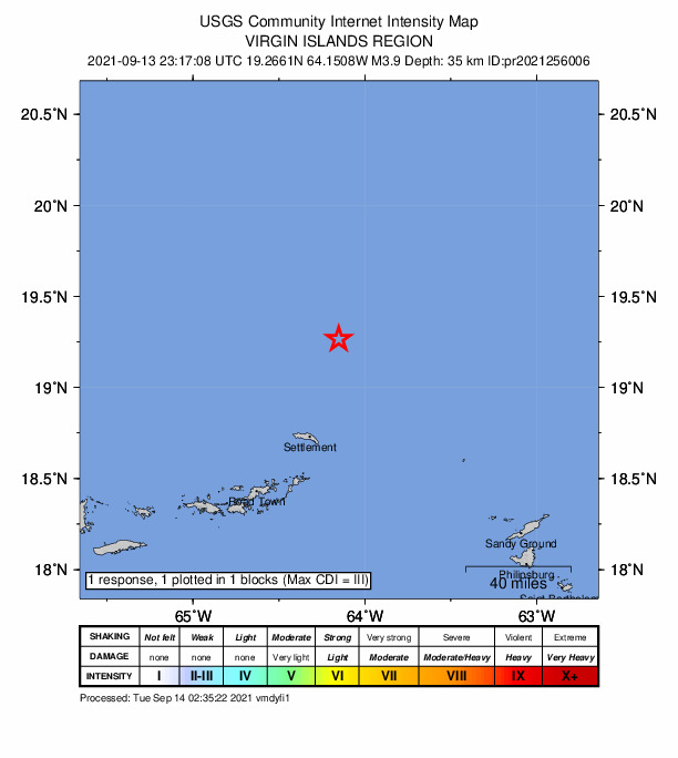 USGS DYFI community-reported intensity map for the M3.9 earthquake near 123 km NNE of Cruz Bay, U.S. Virgin Islands