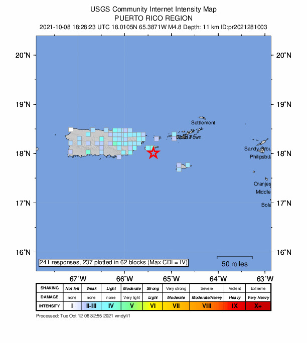 USGS DYFI community-reported intensity map for the M4.8 earthquake near 13 km SE of Esperanza, Puerto Rico