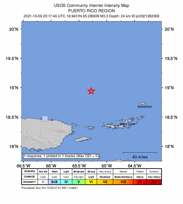 USGS DYFI community-reported intensity map for the M3.3 earthquake near 70 km N of Culebra, Puerto Rico