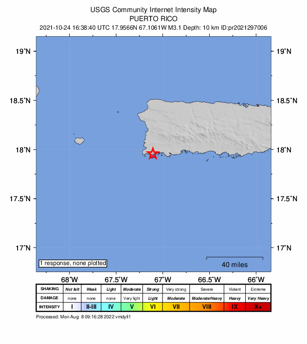 USGS DYFI community-reported intensity map for the M3.1 earthquake near 6 km WSW of La Parguera, Puerto Rico