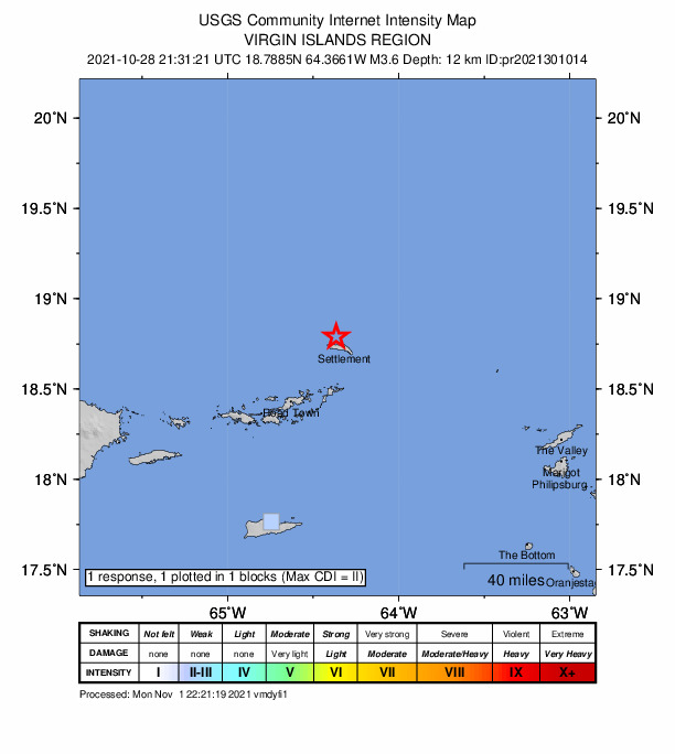 USGS DYFI community-reported intensity map for the M3.6 earthquake near 67 km NE of Cruz Bay, U.S. Virgin Islands