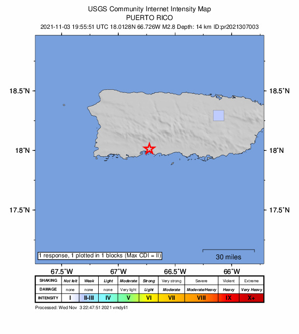 USGS DYFI community-reported intensity map for the M2.8 earthquake near 2 km NNW of Tallaboa, Puerto Rico