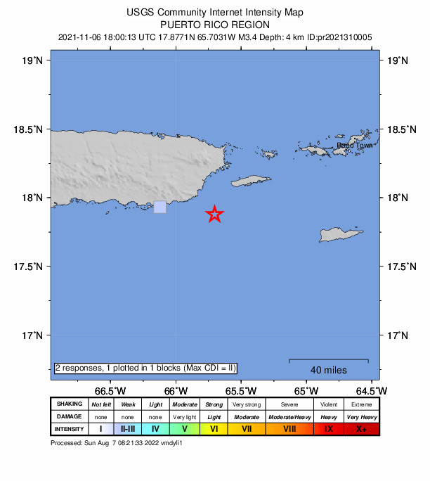 USGS DYFI community-reported intensity map for the M3.4 earthquake near 23 km SE of Emajagua, Puerto Rico