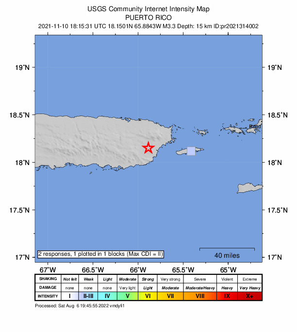 USGS DYFI community-reported intensity map for the M3.3 earthquake near 4 km SSW of Las Piedras, Puerto Rico