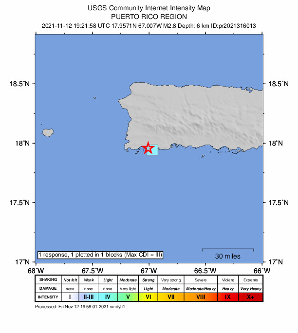 USGS DYFI community-reported intensity map for the M2.8 earthquake near 4 km ESE of La Parguera, Puerto Rico