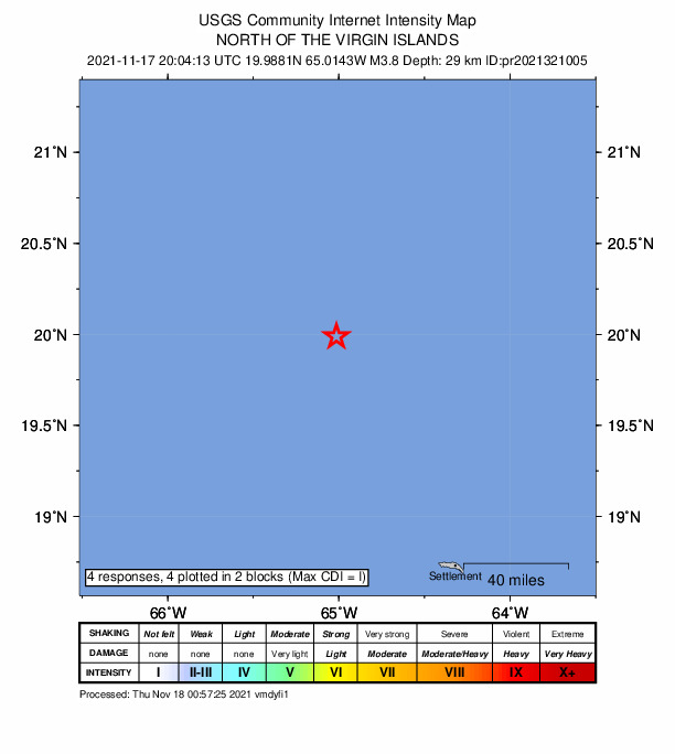 USGS DYFI community-reported intensity map for the M3.8 earthquake near 182 km N of Charlotte Amalie, U.S. Virgin Islands