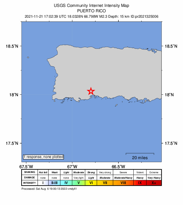 USGS DYFI community-reported intensity map for the M2.3 earthquake near 1 km NNW of Guayanilla, Puerto Rico
