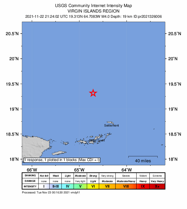 USGS DYFI community-reported intensity map for the M4.0 earthquake near 109 km N of Cruz Bay, U.S. Virgin Islands