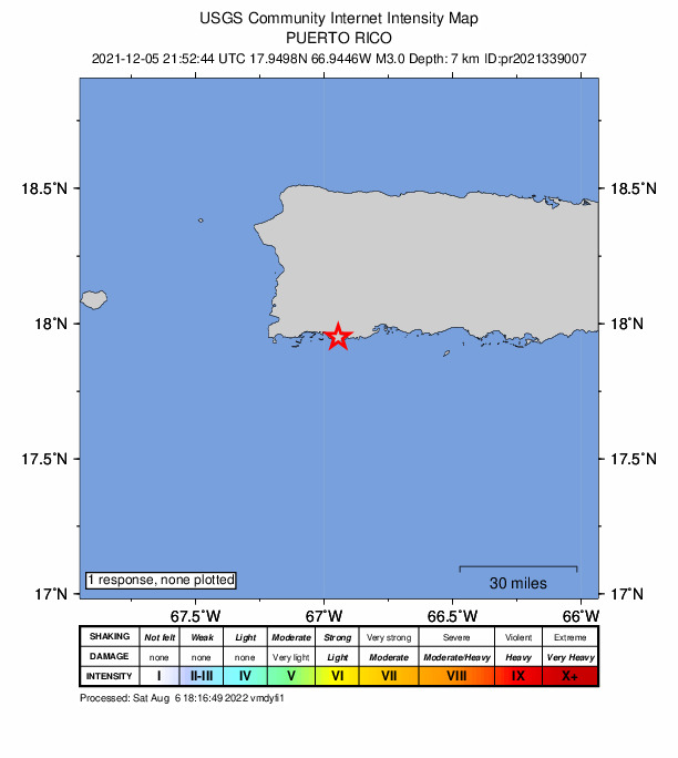 USGS DYFI community-reported intensity map for the M3.0 earthquake near 4 km WSW of Guánica, Puerto Rico