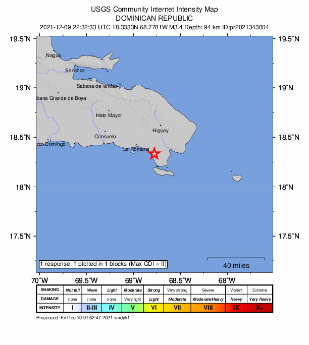 USGS DYFI community-reported intensity map for the M3.4 earthquake near 15 km SW of San Rafael del Yuma, Dominican Republic