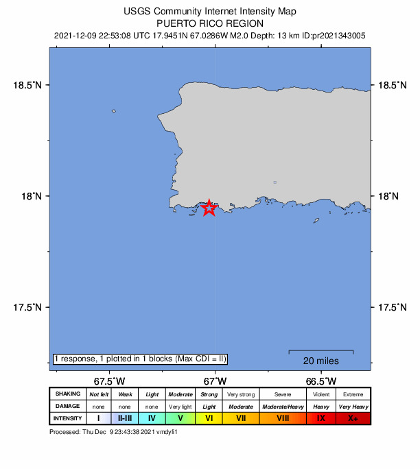 USGS DYFI community-reported intensity map for the M2.0 earthquake near 3 km SSE of La Parguera, Puerto Rico