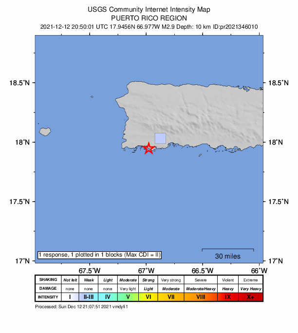 USGS DYFI community-reported intensity map for the M2.9 earthquake near 7 km WSW of Guánica, Puerto Rico