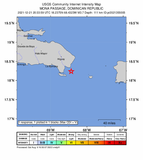 USGS DYFI community-reported intensity map for the M3.7 earthquake near 24 km SE of Boca de Yuma, Dominican Republic
