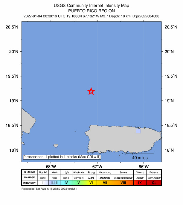 USGS DYFI community-reported intensity map for the M3.7 earthquake near 76 km N of Isabela, Puerto Rico